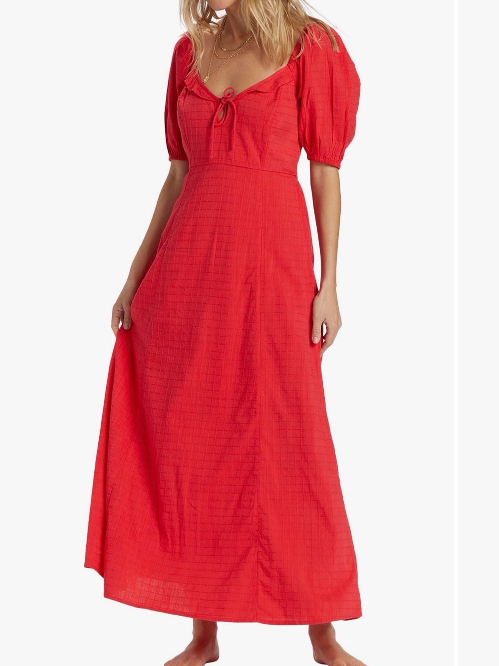 Billabong-Burning Love Tonal Check Cotton Gauze Puff-Sleeve Maxi Dress